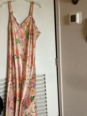 2 pc Floral Satin Slip Dress in Peach Pink and robe